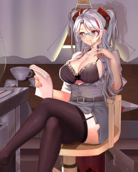Rule 34 | 1girl, alternate costume, azur lane, belt, black bra, black legwear, bra, breasts, chair, cigarette, cleavage, collared shirt, curtains, desk, dress shirt, garter straps, grey belt, grey skirt, headgear, highres, holding, holding paper, jewelry, large breasts, crossed legs, licking lips, long hair, miniskirt, necklace, office lady, open clothes, open shirt, orange eyes, paper, prinz eugen (azur lane), schwarz indo, shirt, silver hair, sitting, skirt, smile, thighs, tongue, tongue out, twintails, two side up, underwear