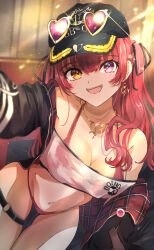 Rule 34 | 1girl, absurdres, arrow through heart, baseball cap, bikini, bikini under clothes, black headwear, black jacket, breasts, cleavage, earrings, eyewear on head, gold earrings, gold necklace, hat, heart, heart-shaped eyewear, heart earrings, heart necklace, heterochromia, highres, hololive, houshou marine, houshou marine (summer), jacket, jewelry, large breasts, long sleeves, looking at viewer, navel, necklace, o-ring, o-ring thigh strap, official alternate costume, open mouth, red bikini, red eyes, red hair, red jacket, sasai tuki, smile, sunglasses, swimsuit, thigh strap, twintails, two-sided fabric, two-sided jacket, virtual youtuber, yellow eyes