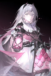Rule 34 | 1girl, ammunition belt, arknights, black background, black dress, black gloves, breasts, cowboy shot, dress, earrings, gloves, gradient background, grey eyes, grey hair, gun, hair intakes, head wings, highres, holding, holding lantern, holstered, irene (arknights), jewelry, lantern, looking at viewer, magenta background, nao (naooo 1230), pantyhose, petals, small breasts, solo, two-tone dress, weapon, white dress, white pantyhose, wings