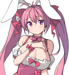 Rule 34 | 1girl, ahoge, animal ears, bare shoulders, breasts, closed mouth, detached sleeves, di gi charat, dot mouth, hair between eyes, hair ribbon, large breasts, long hair, looking at viewer, neck ribbon, pink hair, pink ribbon, puffy detached sleeves, puffy sleeves, purple eyes, rabbit ears, ribbon, saiste, simple background, sketch, solo, twintails, underboob, upper body, usada hikaru, white background, wrist ribbon
