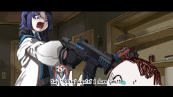 Rule 34 | 1boy, 2girls, angry, blue archive, blue necktie, changecolor, collared shirt, commentary, crying, doodle sensei (blue archive), english commentary, english motherfucker do you speak it (meme), english text, fat joke, formal, gun, highres, holding, holding gun, holding weapon, indoors, koyuki (blue archive), long hair, looking at another, meme, multiple girls, necktie, off shoulder, open mouth, parody, parted bangs, pink hair, pointing gun, pulp fiction, purple eyes, purple hair, sensei (blue archive), shirt, sig mpx, submachine gun, suit, sweatdrop, teeth, threat, twintails, upper body, weapon, weight, weight conscious, white shirt, yuuka (blue archive)