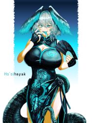 Rule 34 | 1girl, arknights, blue background, blue eyes, blue tongue, breasts, china dress, chinese clothes, colored tongue, dress, english text, grey hair, hand fan, head wings, highres, ho&#039;olheyak (arknights), kokotarossa, large breasts, looking at viewer, short hair, snake tail, tail, tongue, tongue out, wings