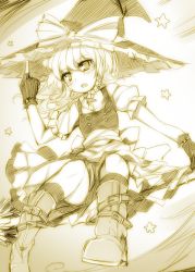 Rule 34 | 1girl, apron, blush, boots, bow, braid, broom, female focus, fingerless gloves, gloves, hair bow, hat, kazetto, kirisame marisa, long hair, monochrome, open mouth, puffy sleeves, short sleeves, side braid, sketch, solo, star (symbol), touhou, waist apron, witch hat
