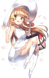 Rule 34 | 1girl, absurdres, bag, bare arms, bare shoulders, blonde hair, boots, braid, collared dress, commentary request, creatures (company), dress, duffel bag, full body, game freak, green eyes, hat, highres, knee boots, lillie (pokemon), long hair, looking at viewer, nintendo, open mouth, poke ball symbol, pokemon, pokemon sm, ranf, round teeth, see-through, side braids, simple background, sleeveless, sleeveless dress, solo, sun hat, teeth, twin braids, upper teeth only, very long hair, white background, white dress, white footwear, white hat