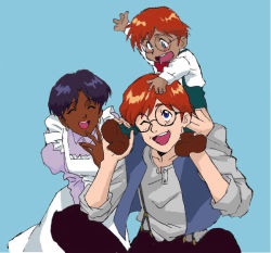 Rule 34 | 1990s (style), 1girl, 2boys, closed eyes, dark skin, family, father and son, fushigi no umi no nadia, gainax, glasses, jean roque raltique, mother and son, multiple boys, nadia la arwall, retro artstyle, simple background, smile