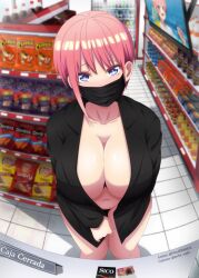 Rule 34 | 1girl, absurdres, artist name, asobi night, black jacket, blush, breasts, cleavage, collarbone, colorized, convenience store, exhibitionism, go-toubun no hanayome, highres, huge breasts, indoors, jacket, kosmos beta, large breasts, long sleeves, looking at viewer, mask, mouth mask, nakano ichika, naked jacket, navel, no bra, no panties, nose blush, open clothes, open jacket, pink hair, pov, public indecency, shop, short hair, standing, stomach, thighs
