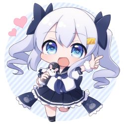 Rule 34 | 1girl, :d, black bow, black skirt, black socks, blue eyes, blue neckerchief, bow, chibi, commentary request, diagonal stripes, frilled skirt, frills, full body, grey hair, hair between eyes, hair bow, hair ornament, hairclip, heart, highres, holding, holding microphone, index finger raised, looking at viewer, microphone, neckerchief, no shoes, open mouth, original, outstretched arm, pleated skirt, puffy short sleeves, puffy sleeves, rensei, ringlets, school uniform, serafuku, short sleeves, skirt, smile, socks, solo, striped, striped background, twintails