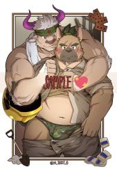 Rule 34 | 2boys, alternate costume, animal ears, assisted exposure, bara, behind another, belly, biceps, blush, border, briefs, brown fur, brown hair, brown jacket, brown pants, bulge, camouflage underwear, cow ears, cow horns, dog boy, fat, fat man, fox boy, furry, furry male, furry with furry, green eyes, green hair, green male underwear, green shirt, headband, helmet, highres, horns, jacket, male focus, male underwear, medic, midriff, mikky, minotaur, multiple boys, muscular, muscular male, navel, pants, purple eyes, purple horns, sample watermark, scar, scar on face, scar on stomach, shennong (housamo), shirt, short hair, smile, stomach, thighs, tokyo houkago summoners, towel, towel around neck, underwear, undressing another, unworn headwear, unworn helmet, watermark, white hair, yasuyori (housamo)
