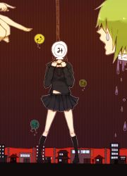Rule 34 | bandages, black legwear, covered face, decapitation, faceless, green hair, noose, pointing, school uniform, serafuku, smiley face, suicide, tears