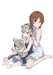 Rule 34 | 10s, 2girls, bandages, barefoot, black dress, black ribbon, boko (girls und panzer), brown eyes, brown hair, cast, casual, closed mouth, commentary, dress, closed eyes, feet, frown, geregere (lantern), girls und panzer, hair ribbon, hands on another&#039;s shoulders, highres, holding, holding stuffed toy, light brown hair, long hair, looking at viewer, multiple girls, nishizumi miho, petticoat, ribbon, shimada arisu, side ponytail, simple background, sitting, smile, soles, spaghetti strap, straddling, stuffed animal, stuffed toy, teddy bear, toes, wariza, white dress