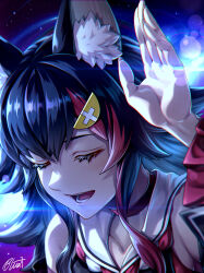 Rule 34 | 1girl, animal ear fluff, animal ears, black hair, buru-dai, choker, closed eyes, commentary request, eyelashes, fingernails, highres, hololive, lens flare, long fingernails, multicolored hair, ookami mio, open mouth, portrait, red choker, red hair, sailor collar, signature, smile, solo, space, streaked hair, two-tone hair, virtual youtuber, white sailor collar, wolf ears, wolf girl
