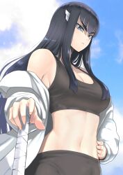 Rule 34 | 1girl, alternate costume, anagumasan, black hair, blue eyes, blue sky, breasts, closed mouth, cloud, cloudy sky, crop top, day, expressionless, hand on own hip, highres, kill la kill, kiryuuin satsuki, long hair, medium breasts, midriff, navel, sky, sports bra, sword, thick eyebrows, v-shaped eyebrows, weapon