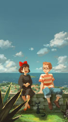 Rule 34 | 1boy, 1girl, :d, absurdres, animal, black-framed eyewear, black cat, black dress, blue sky, blush stickers, bow, brown footwear, brown hair, cat, closed eyes, cloud, commentary request, crossed ankles, dated, day, dress, hair bow, hairband, highres, horizon, jiji (majo no takkyuubin), kiki (majo no takkyuubin), laughing, long sleeves, looking at another, majo no takkyuubin, making-of available, ocean, open mouth, outdoors, red bow, red footwear, red hairband, shirt, shoes, short hair, short sleeves, sitting, sky, smile, stone wall, striped clothes, striped shirt, tombo (majo no takkyuubin), wall, xiaobanbei milk