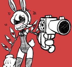 Rule 34 | 1girl, aiming, aiming at viewer, anger vein, angry, animal ears, annoyed, bad id, bad pixiv id, black eyes, blush, child, embarrassed, fake animal ears, fake tail, frown, gias-ex-machella, gloves, gun, hairband, hip focus, leotard, looking at viewer, mechanical arms, monochrome, nose blush, peacock (skullgirls), playboy bunny, rabbit ears, rabbit tail, red background, red eyes, red theme, ribbon, shaded face, sharp teeth, short hair, simple background, sketch, skullgirls, solo, tail, teeth, thighhighs, weapon, wide hips