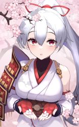 Rule 34 | 1girl, :o, armor, asymmetrical armor, blush, breasts, cherry blossoms, detached sleeves, falcon illust8823, fate/grand order, fate (series), fingerless gloves, flower, gloves, highres, holding, holding petal, japanese armor, japanese clothes, kimono, kote, large breasts, looking at viewer, petals, ponytail, red eyes, red gloves, single detached sleeve, solo, tomoe gozen (fate), upper body, white hair, white kimono, white sleeves