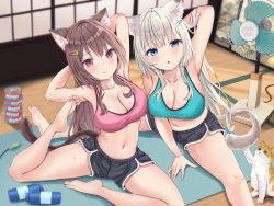 Rule 34 | 2girls, :o, akino ell, animal, animal ear fluff, animal ears, armpits, arms behind head, arms up, bare arms, bare legs, bare shoulders, barefoot, black shorts, blue eyes, breasts, brown hair, cat, cat ears, cat girl, cat tail, cleavage, collarbone, crop top, dolphin shorts, electric fan, hair ornament, hairclip, hot, indoors, large breasts, long hair, looking at viewer, midriff, multiple girls, navel, original, parted lips, red eyes, short shorts, shorts, skindentation, sleeveless, smile, sports bra, stomach, stretching, sweat, tail, thighs, very long hair, white hair