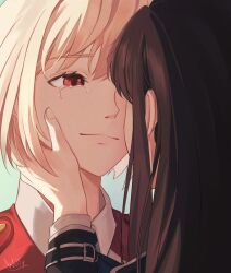 Rule 34 | 2girls, black hair, blonde hair, chxoswolf, closed mouth, collared shirt, commentary, english commentary, hand on another&#039;s face, happy tears, highres, inoue takina, light smile, long hair, long sleeves, looking at another, lycoris recoil, lycoris uniform, multiple girls, nishikigi chisato, portrait, red eyes, shirt, short hair, signature, tearing up, tears