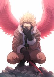 Rule 34 | 1boy, belt, black footwear, black gloves, black shirt, blonde hair, boku no hero academia, boots, brown jacket, brown pants, feathered wings, feathers, full body, fur trim, gloves, goggles, hand over face, hawks (boku no hero academia), highres, holding, holding feather, jacket, long sleeves, looking at viewer, male focus, pants, red wings, rubble, shirt, short hair, simple background, solo, spiked hair, squatting, tsuu (tu3 f), white background, wings, yellow eyes