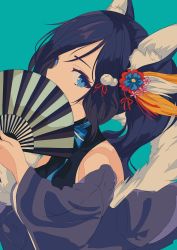 Rule 34 | 1girl, absurdres, animal ears, azur lane, bad id, bad pixiv id, bare shoulders, blue eyes, blue hair, bow, covered mouth, flower, folding fan, hair flower, hair ornament, hand fan, highres, holding, holding fan, jintsuu (azur lane), juna (sir mfmf), long hair, looking at viewer, ponytail, simple background, solo, wide sleeves