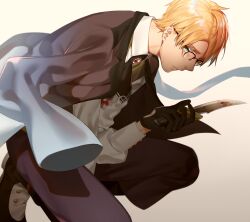 Rule 34 | 1boy, aqua eyes, black footwear, black gloves, black necktie, blonde hair, blood, blood on clothes, boots, brooch, brown jacket, brown pants, closed mouth, collared shirt, different reflection, dual persona, fate/grand order, fate (series), glasses, gloves, gradient clothes, grey shirt, grey vest, grin, half gloves, highres, holding, holding knife, jacket, jacket on shoulders, jekyll and hyde (fate), jewelry, knife, looking at viewer, male focus, moisama, necktie, on one knee, pants, parted bangs, red eyes, reflection, sharp teeth, shirt, short hair, sideways glance, simple background, smile, solo, teeth, vest, yellow background