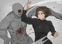 Rule 34 | 1girl, abs, blood, blood on hands, bodysuit, brown eyes, brown hair, clenched hand, faceless, faceless male, grey background, highres, korean commentary, long sleeves, muscular, muscular male, oddsnail, original, punching, short hair, simple background, skin tight, translation request, veins