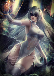 Rule 34 | 1girl, artist name, axsen, black gloves, black hairband, blindfold, breasts, bridal veil, bridge, curvy, detached sleeves, dress, fantasy, gloves, hairband, highres, light particles, medium breasts, mole, mole under mouth, nier:automata, nier (series), panties, parted lips, pelvic curtain, red lips, short hair, side-tie panties, sidelocks, silver hair, single glove, skindentation, solo, thighhighs, underwear, veil, wedding dress, white dress, white panties, white thighhighs, wide hips, 2b (nier:automata)
