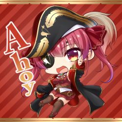 Rule 34 | 1girl, :d, bare shoulders, bicorne, black hat, black jacket, blush, boots, breasts, brown footwear, brown thighhighs, catchphrase, chibi, commentary request, covered navel, diagonal stripes, epaulettes, eyepatch, full body, hair between eyes, hair ribbon, hat, hololive, houshou marine, jacket, long hair, long sleeves, looking at viewer, medium breasts, open clothes, open jacket, open mouth, outstretched arm, pleated skirt, pointing, red background, red eyes, red hair, red ribbon, red shirt, red skirt, ribbon, shachoo., shirt, skirt, sleeveless, sleeveless shirt, sleeves past fingers, sleeves past wrists, smile, solo, striped, striped background, thighhighs, thighhighs under boots, twintails, virtual youtuber