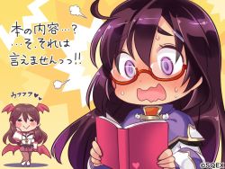 Rule 34 | 2girls, :&gt;, = =, ahoge, blush, blush stickers, book, brown hair, carrie alberta, chibi, demon girl, eco (petticoat), embarrassed, glasses, hair ornament, hairclip, head wings, long hair, low wings, mary lane, multiple girls, official art, open mouth, pointy ears, pop-up story, purple eyes, purple hair, red-framed eyewear, skirt, sweatdrop, wavy mouth, wings