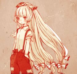 Rule 34 | 1girl, bad id, bad twitter id, bow, fujiwara no mokou, hair bow, hair ribbon, hands in pockets, long hair, red eyes, ribbon, simple background, solo, suspenders, torn clothes, torn sleeves, touhou, very long hair, white hair, yujup