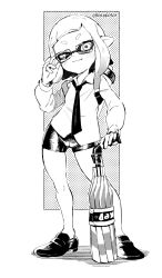 Rule 34 | 1girl, bike shorts, blush, closed mouth, commentary, glasses, greyscale, holding, inkling, inkling girl, inkling player character, long sleeves, monochrome, necktie, nintendo, pointy ears, shirt, shoes, short hair, shorts, solo, splat brella (splatoon), splatoon (series), splatoon 2, standing, tentacle hair, ter (otokoter), twitter username