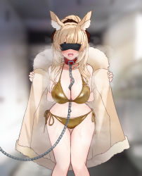 Rule 34 | 1girl, ?, absurdres, animal ears, arknights, bare legs, bare shoulders, bdsm, bikini, bikini under clothes, blemishine (arknights), blindfold, blonde hair, blunt bangs, blurry, blurry background, blush, breasts, brown bikini, brown coat, brown ribbon, chain, chain leash, cleavage, coat, collar, collarbone, covered eyes, depth of field, fur-trimmed coat, fur trim, highres, horse ears, large breasts, leash, long hair, navel, off shoulder, open clothes, open coat, open mouth, ponytail, ribbon, side-tie bikini bottom, sidelocks, solo, standing, steaming body, stomach, swimsuit, thigh gap, undressing