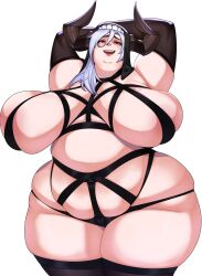 1girl absurdres arms_behind_head arms_up black_horns breasts commission eve_(strongmoist) fat fat_woman female_focus grey_hair highres horns huge_breasts impossible_clothes nun obese open_mouth original red_eyes smile solo strongmoist thick_thighs thighs what white_background wide_hips