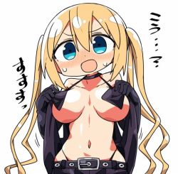 Rule 34 | 1girl, :d, belt, black choker, black gloves, black panties, blend s, blonde hair, blue eyes, blush, breasts, choker, commentary request, gloves, halterneck, highleg, highleg panties, hinata kaho, kanikama, large breasts, long hair, lowres, navel, open mouth, panties, simple background, smile, solo, standing, sweatdrop, twintails, underwear, undressing, upper body, very long hair, white background