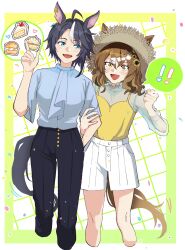 ! !! 2girls ahoge animal_ears aqua_eyes arm_hug black_hair black_pants blue_shirt blush breasts brown_hair cake cake_slice clenched_hand cropped_legs cupcake ears_through_headwear fang flower food fuji_kiseki_(umamusume) hair_flower hair_ornament hat highres horse_ears horse_girl horse_tail index_finger_raised jungle_pocket_(umamusume) looking_at_another medium_hair motion_lines multicolored_hair multiple_girls open_mouth pants petals pore_(uwuifx927171) shirt short_hair shorts small_breasts smile spoken_exclamation_mark straw_hat streaked_hair tail umamusume walking white_shorts x_hair_ornament yellow_eyes yellow_shirt yuri