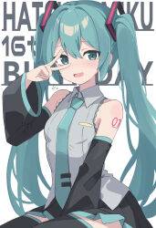 Rule 34 | 1girl, :d, bare shoulders, between legs, black skirt, black sleeves, black thighhighs, blue eyes, blue hair, blue necktie, blush, breasts, character name, collared shirt, commentary, detached sleeves, flying sweatdrops, grey shirt, hand between legs, hand up, hatsune miku, highres, long hair, long sleeves, looking at viewer, maud0239, necktie, open mouth, pleated skirt, shirt, sitting, skirt, sleeveless, sleeveless shirt, small breasts, smile, solo, text background, thighhighs, tie clip, twintails, v over eye, very long hair, vocaloid, white background, wide sleeves
