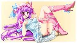 Rule 34 | 1girl, :d, bespectacled, boots, female focus, glasses, hat, high heels, highres, kamiya tomoe, leg lift, long hair, looking at viewer, lying, on back, open mouth, panties, patchouli knowledge, paw pose, purple-framed eyewear, purple eyes, purple hair, shoes, smile, solo, striped clothes, striped panties, thighhighs, touhou, underwear, vertical-striped clothes, vertical-striped panties, very long hair
