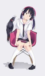 Rule 34 | 1girl, bird, cockatoo, full body, headphones, highres, looking at viewer, original, palm cockatoo, pigeon-toed, popman3580, shoes, simple background, sitting, socks, solo, twintails, white socks