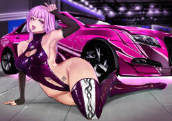 Rule 34 | 0odrosselo0, arm support, arm warmers, belly piercing, bitchi-chan, boots, breasts, car, cleavage, cleavage cutout, clothing cutout, colored eyelashes, cutoffs, forked tongue, heels, hime cut, lying, motor vehicle, navel, no panties, piercing, pink eyes, pink hair, purple hair, qr code, shiny clothes, sideless outfit, thigh boots, thighhighs, tongue, tongue out, tongue piercing, v