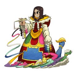 Rule 34 | 1girl, bags under eyes, bell, brown hair, chak-pur, colorful, dress, extra arms, flower, freckles, full body, indivisible, lotus, official art, sand, sangmu (indivisible), solo, transparent background, white background