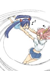 Rule 34 | 2girls, bare shoulders, blue hair, breasts, crop top, closed eyes, eyes visible through hair, fairy tail, hair between eyes, heart, holding person, long hair, mashima hiro, medium hair, motion lines, multiple girls, musical note, official art, open mouth, pink hair, sandals, sheria blendy, short sleeves, simple background, skirt, sleeveless, small breasts, smile, socks, standing, swinging, tongue, twintails, wendy marvell, white background