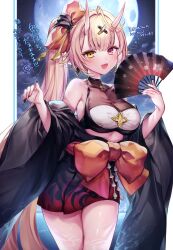 Rule 34 | 1girl, absurdres, ahoge, bare shoulders, breasts, fang, full moon, hair ornament, hand fan, heterochromia, high ponytail, highres, holding, holding fan, horns, hoshikawa sara, japanese clothes, komeshiro kasu, large breasts, long hair, long sleeves, looking at viewer, moon, multicolored hair, night, night sky, nijisanji, off shoulder, oni horns, open mouth, ponytail, red eyes, scan, sidelocks, sky, smile, solo, thick eyebrows, very long hair, virtual youtuber, wide sleeves, yellow eyes