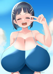 Rule 34 | ^ ^, alternate breast size, black hair, blue one-piece swimsuit, bob cut, breasts, cleavage, closed eyes, competition swimsuit, hair ornament, hairclip, huge breasts, kirigaya suguha, one-piece swimsuit, open mouth, short hair, smile, solo, swimsuit, sword art online, toudori, v, v over eye