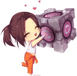 Rule 34 | 1girl, :d, ^ ^, arms up, artist name, bandaged arm, bandages, bare shoulders, barefoot, blush, brown hair, chell, closed eyes, clothes around waist, full body, head tilt, heart, heart print, holding, hyanna-natsu, leg up, open mouth, orange pants, pants, ponytail, portal, portal (series), portal 1, portal 2, round teeth, shirt, short hair, sleeveless, smile, solo, standing, standing on one leg, tank top, teeth, transparent background, aperture science weighted companion cube, white shirt