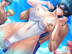 Rule 34 | 00s, 1girl, beach, blindfold, grabbing another&#039;s breast, breasts, censored, covered erect nipples, curvy, grabbing, hetero, igawa asagi, kagami hirotaka, large breasts, lilith-soft, long hair, moaning, multiple boys, nipples, one-piece swimsuit, partially visible vulva, public indecency, pussy juice, saliva, see-through, sex toy, shiny skin, sky, sweat, swimsuit, tagme, taimanin (series), taimanin asagi, taimanin asagi kessen arena, thighs, vibrator