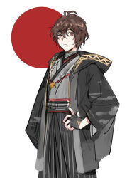 Rule 34 | 1boy, ahoge, black kimono, brown hair, commentary, commentary request, cowboy shot, fingerless gloves, frown, gloves, granblue fantasy, hair between eyes, hand on own hip, hood, hood down, jacket, japanese clothes, kimono, looking at viewer, male focus, messy hair, obi, oversized clothes, red eyes, sandalphon (granblue fantasy), sash, short hair, sketch, solo, tekki (tki), turtleneck, white background