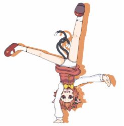 Rule 34 | 1girl, animal ears, brown eyes, brown hair, cat ears, cat girl, cat tail, chen, dress, earrings, fanada, female focus, handstand, hat, jewelry, mary janes, multiple tails, one arm handstand, panties, shoes, short hair, solo, tail, touhou, two tails, underwear, upside-down, white panties