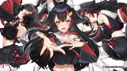 Rule 34 | absurdres, animal ear fluff, animal ears, black hair, black serafuku, black shirt, black skirt, black sleeves, breasts, choker, closed eyes, copyright name, cropped shirt, detached sleeves, hair ornament, hairpin, hand on own chest, highres, hololive, long hair, looking at viewer, medium breasts, multicolored hair, navel, ookami mio, ookami mio (1st costume), open mouth, outstretched hand, red choker, red hair, sailor collar, school uniform, serafuku, shirt, sinomi, skirt, streaked hair, virtual youtuber, white sailor collar, wolf ears, wolf girl, yellow eyes