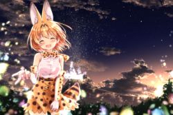 Rule 34 | 10s, 1girl, :d, ^ ^, absurdres, animal ears, blonde hair, blouse, blurry, blush, breasts, closed eyes, cloud, cloudy sky, depth of field, elbow gloves, evening, facing viewer, floating hair, gloves, hair between eyes, high-waist skirt, highres, kemono friends, medium breasts, night, night sky, open mouth, outdoors, outstretched hand, serval (kemono friends), serval print, serval tail, shirt, short hair, skirt, sky, sleeveless, smile, solo, tail, thighhighs, uneune, white gloves, white shirt, |d