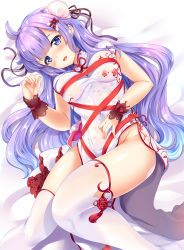 Rule 34 | 1girl, antenna hair, azur lane, bed, bed sheet, breasts, bun cover, china dress, chinese clothes, covered navel, cowboy shot, dress, from above, hair bun, hair ornament, hairclip, hinata sora, long hair, looking at viewer, lying, on back, open mouth, pelvic curtain, purple hair, ribbon, short sleeves, side slit, simple background, single hair bun, smile, solo, thighhighs, unicorn (azur lane), unicorn (the gift of spring) (azur lane), white thighhighs, wrist cuffs, zettai ryouiki