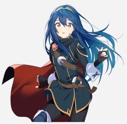 Rule 34 | 1girl, armor, belt, blue eyes, blue footwear, blue hair, blue tunic, bodysuit, cape, commentary, english commentary, fingerless gloves, fire emblem, fire emblem awakening, fire emblem heroes, gloves, hair between eyes, long hair, looking at viewer, lucina (fire emblem), nintendo, open mouth, red cape, ribbed bodysuit, ryon (ryonhei), scarf, shoulder armor, solo, strap, super smash bros., tiara, turtleneck, wrist cuffs